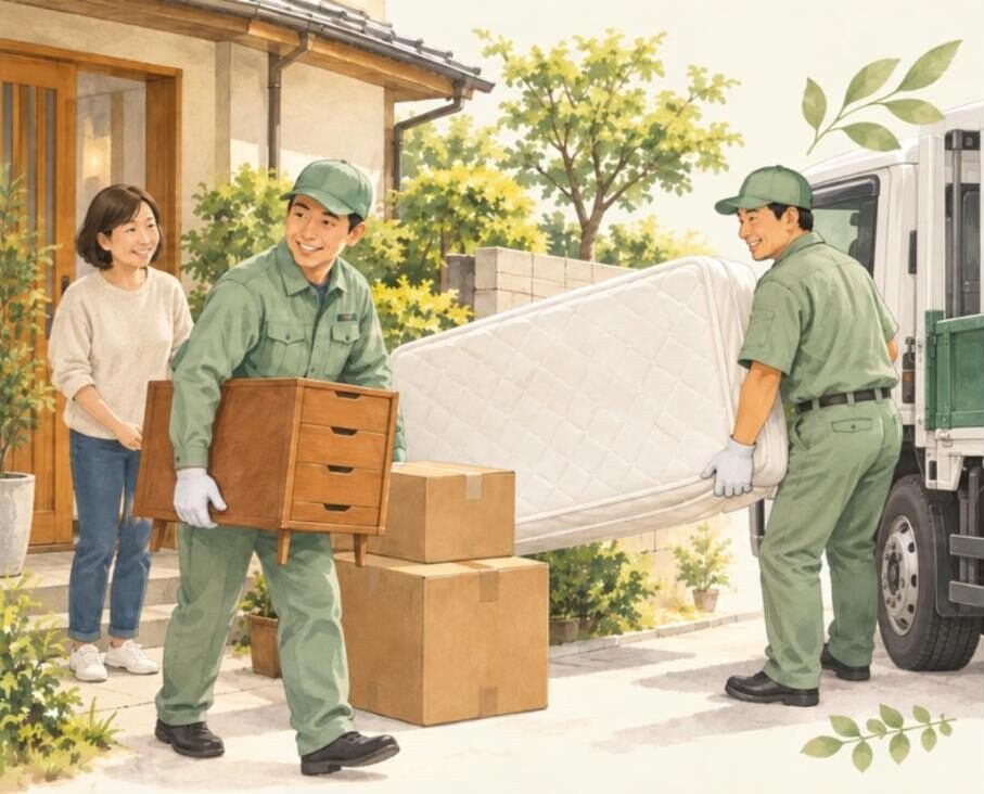 スプリングマットレスや家具をご自宅から運び出す大光物産のスタッフ(イラスト)
